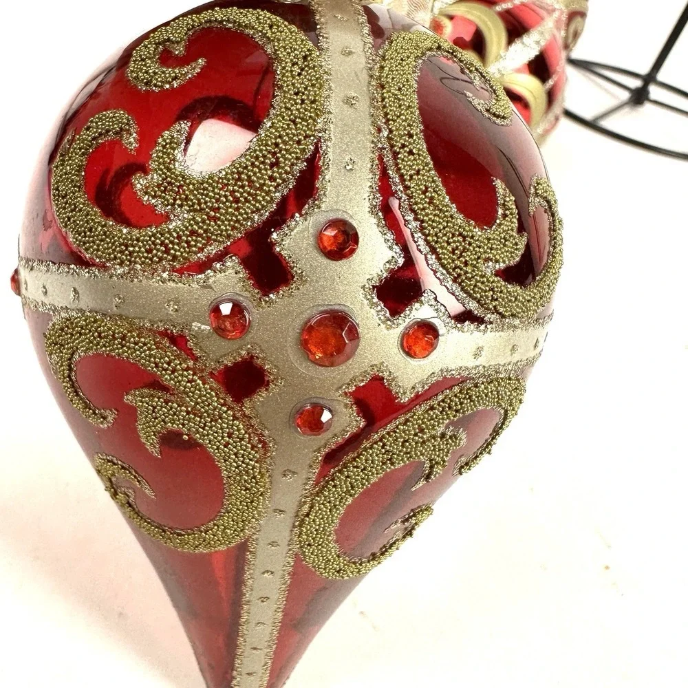 Vintage Christmas Ornaments Blown Glass Red and Gold Glitter Set of Three